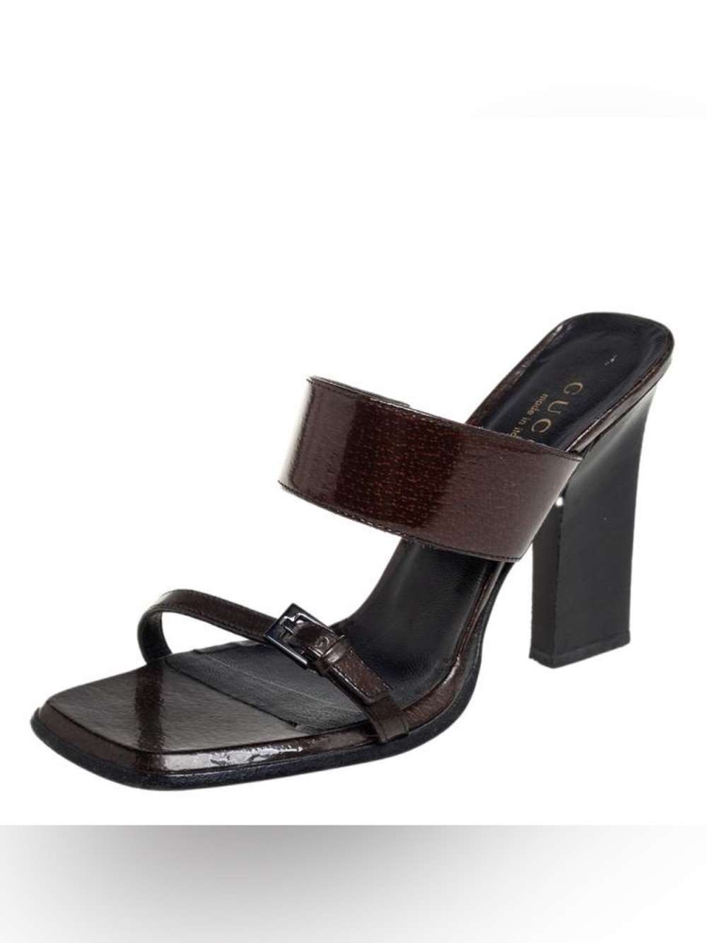 Vintage 1990 GUCCI women’s brown Brown Patent Leather Open Toe Mule Sandals heel